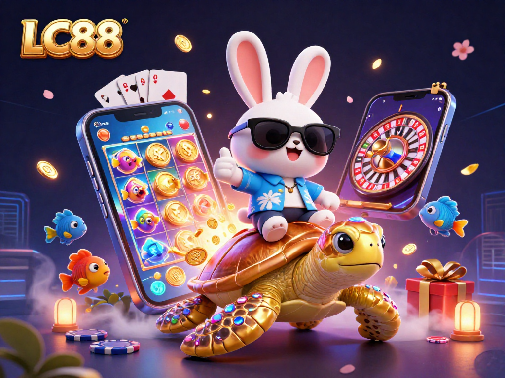 Experience the excitement of LC88 with a lucky rabbit and golden turtle in a vibrant casino scene.