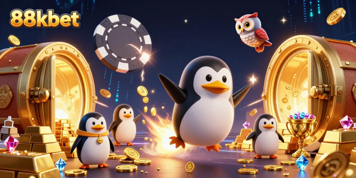 88kbet features a golden penguin soaring through a vibrant casino-themed space scene.
