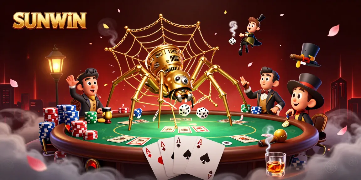 SUNWIN's steampunk spider captures dice in a vivid 3D casino scene filled with poker elements.