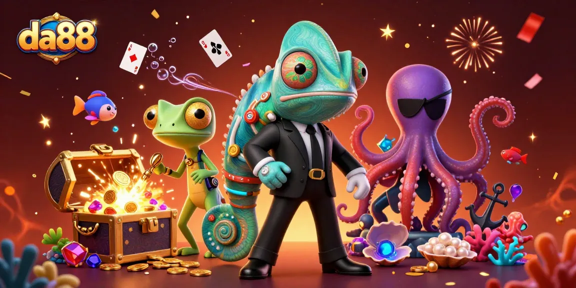 Experience the excitement of da88 with a vibrant casino scene featuring colorful chameleons, treasure, and playful cards.