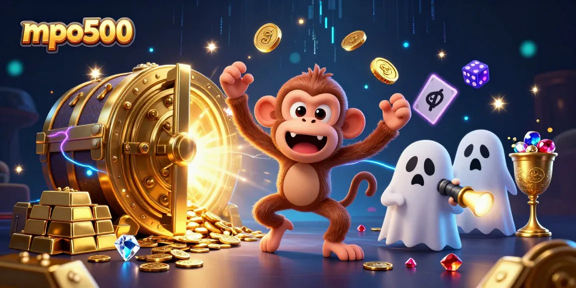 Engage with mpo500's thrilling casino experience featuring a mischievous monkey and ghost-hunting puppy in a haunted casino.
