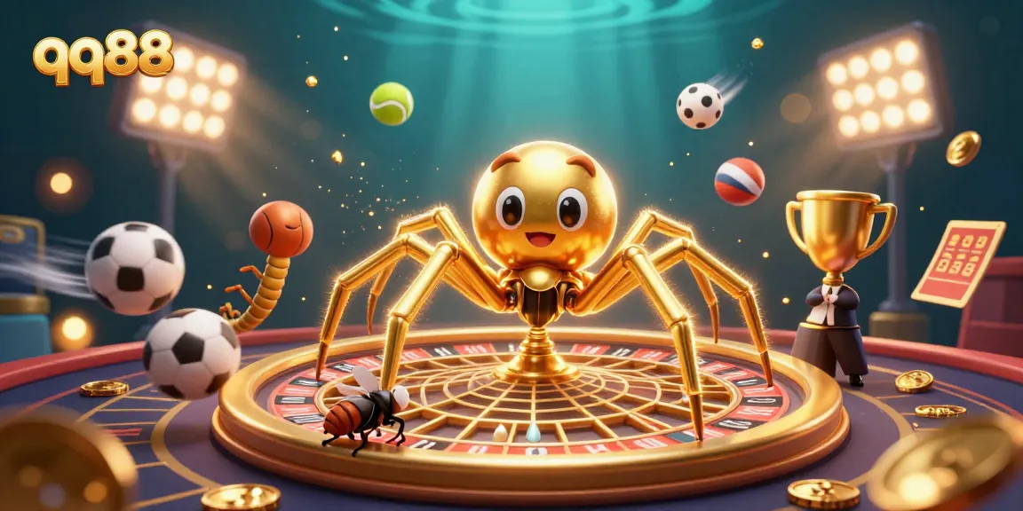Experience thrilling bets at qq88 as a golden spider weaves a roulette wheel amidst dynamic sports action.