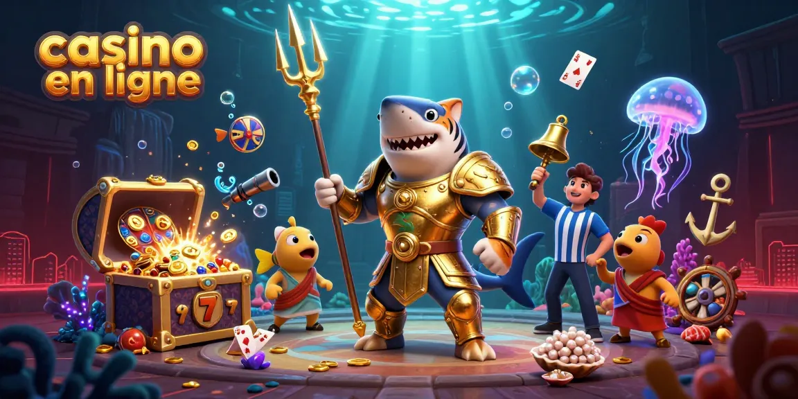 Plongez dans l'univers vibrant du casino en ligne, avec un requin tigre et des éléments de jeu aquatiques captivants.