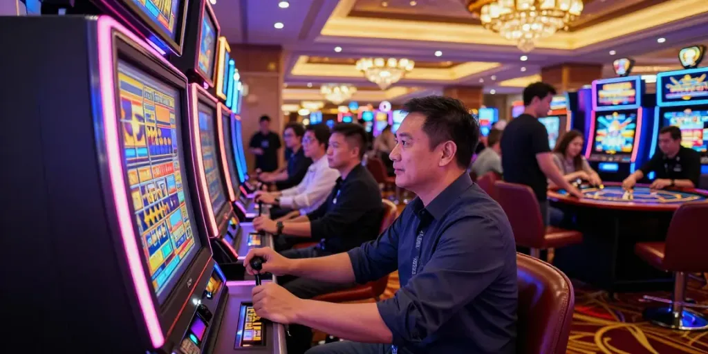 Player winning at a popular slot gacor machine in a bustling casino.