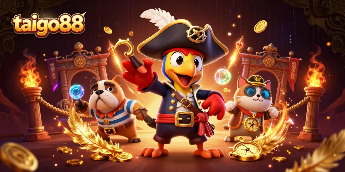 Engage with tai go88 in this dynamic scene, featuring a pirate captain, bulldog, and cat, amidst vibrant casino elements.