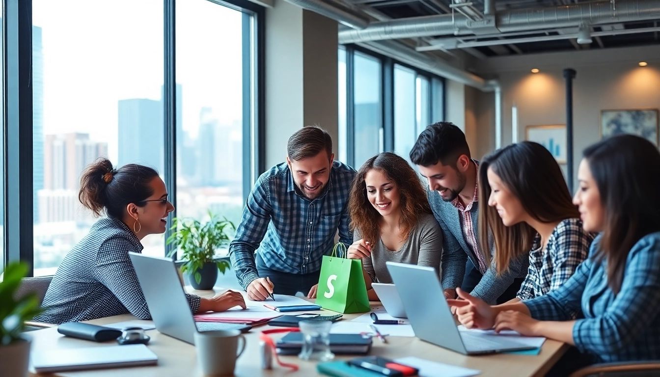 Showcase of a collaborative team working at a Premium Shopify agency in a modern office.