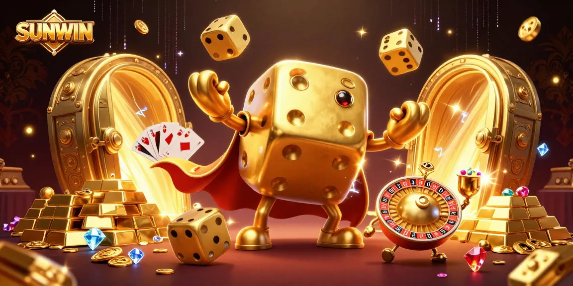 SUNWIN players enjoying a vibrant casino experience with dazzling gold treasures and animated characters.