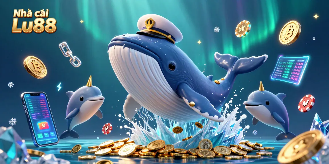 Engage with Nhà cái Lu88 through thrilling 3D casino adventure featuring whales and crypto symbols.