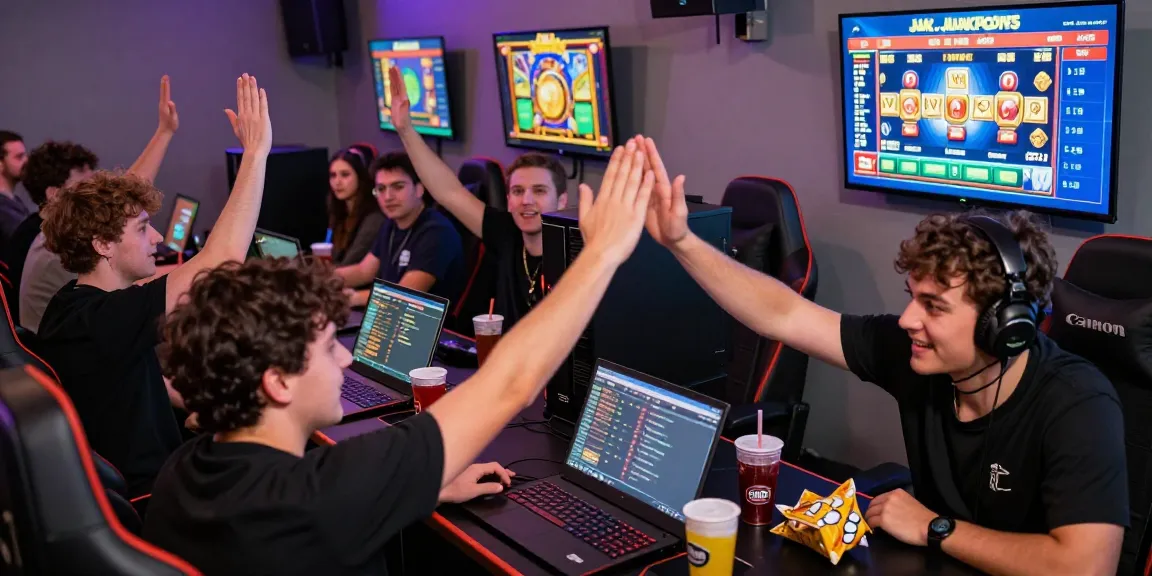 Group of players enjoying situs gacor in a vibrant gaming lounge, celebrating wins.
