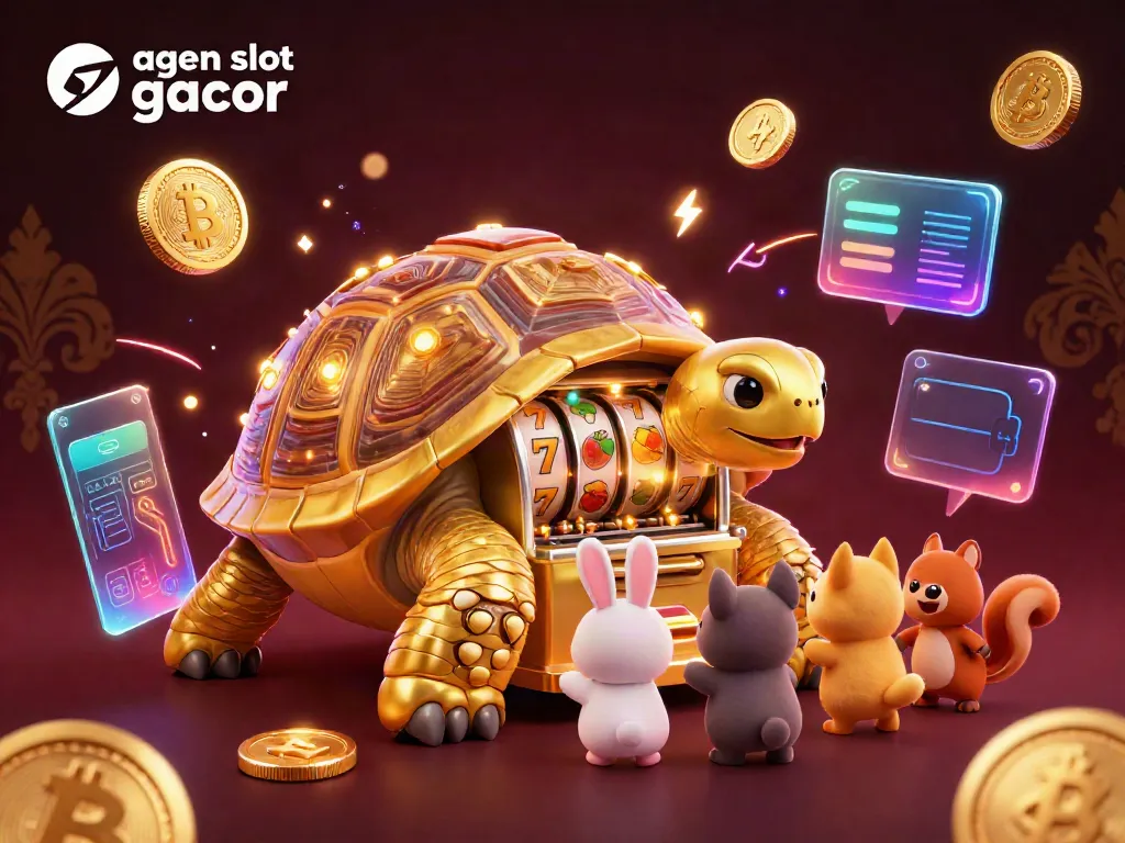 Experience the excitement of agen slot gacor with a 3D tortoise slot machine and vibrant crypto elements!