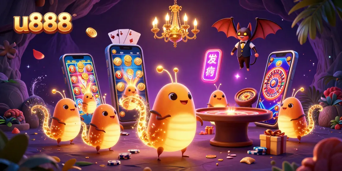 Experience the excitement of u888 with vibrant glowworms in a lively cave casino scene.