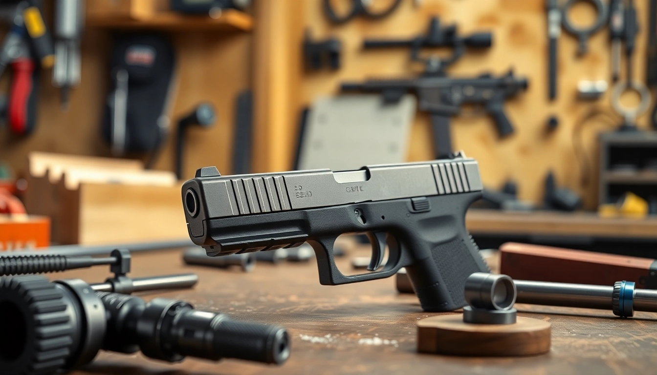 Examining the glock 26 gen 5 slide with precision tools in a workshop setting.