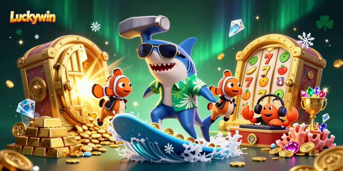 Experience thrilling Luckywin action with 3D characters surfing gold coins in a vibrant casino scene.