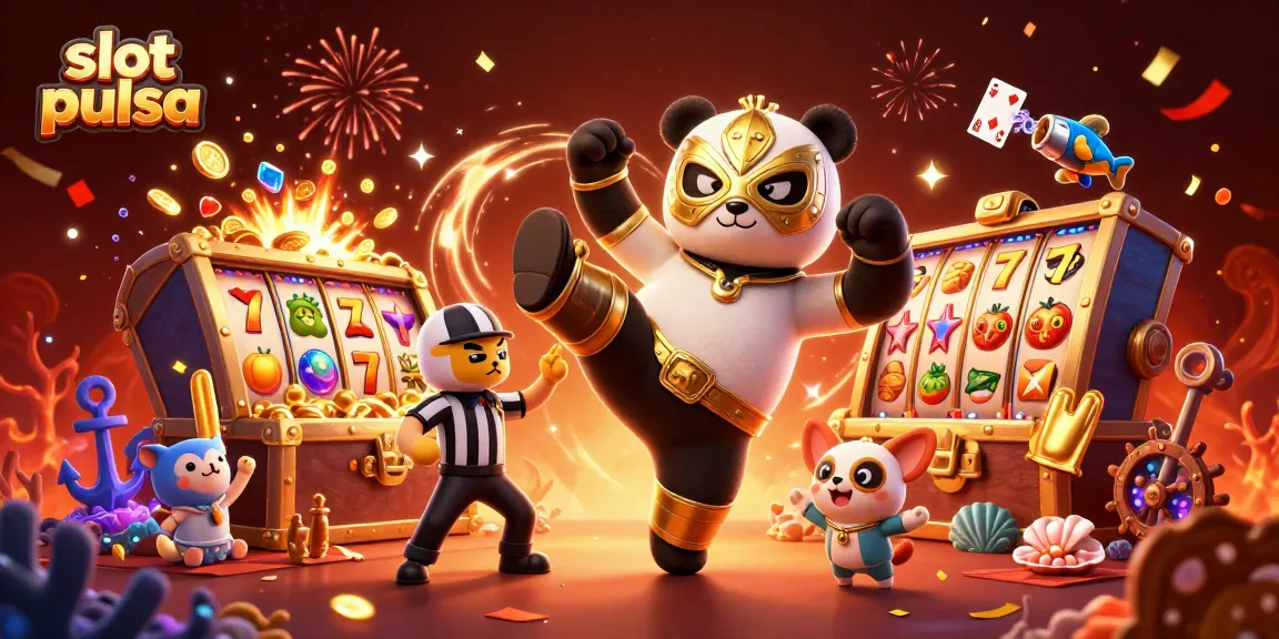 Experience thrill with slot pulsa as a panda wrestler excites the crowd in this colorful casino scene