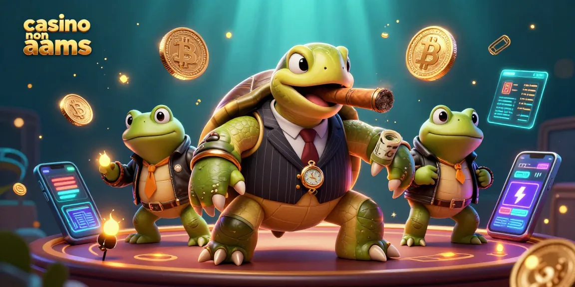 Gioca ai giochi di casinò non AAMS con una scena vivace di tartaruga e ranocchi immersi nel mondo del denaro digitale.
