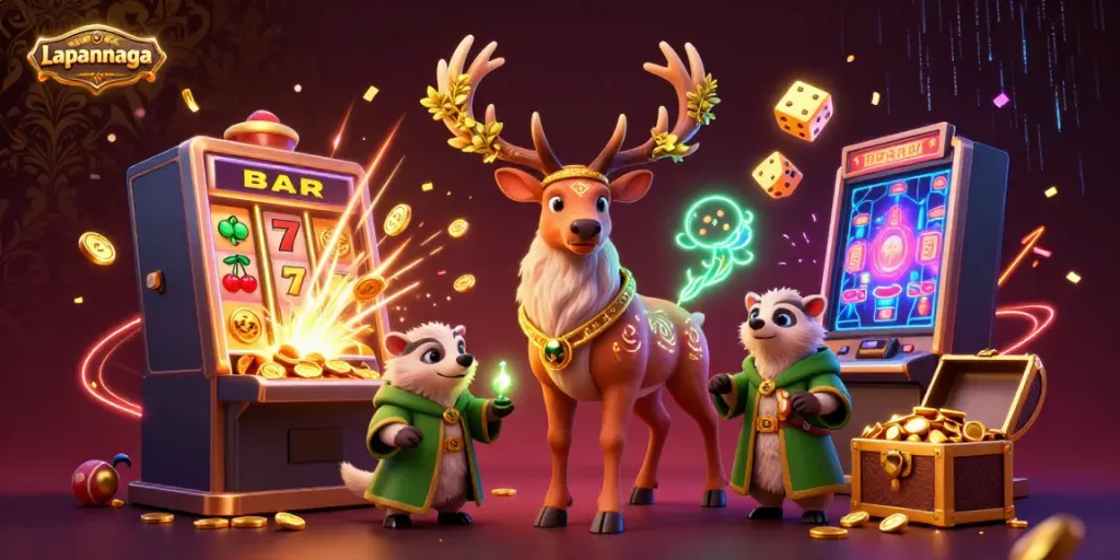 Experience the thrill of Lapannaga with a magical 3D casino scene featuring a druid stag and rich game elements.
