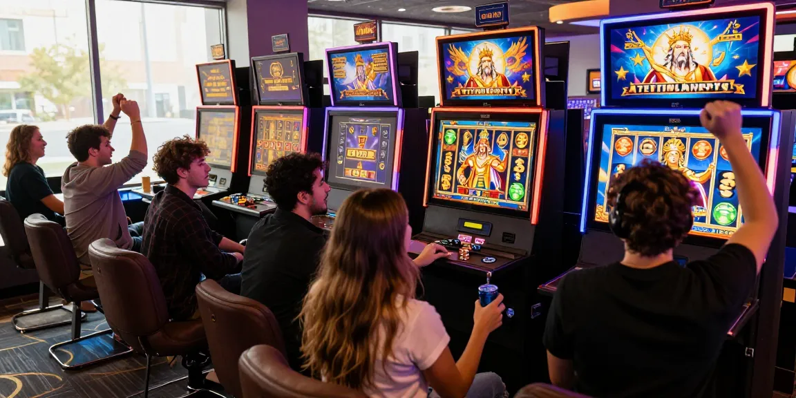 Engaged players enjoying a slot super gaming experience in an illuminated lounge.