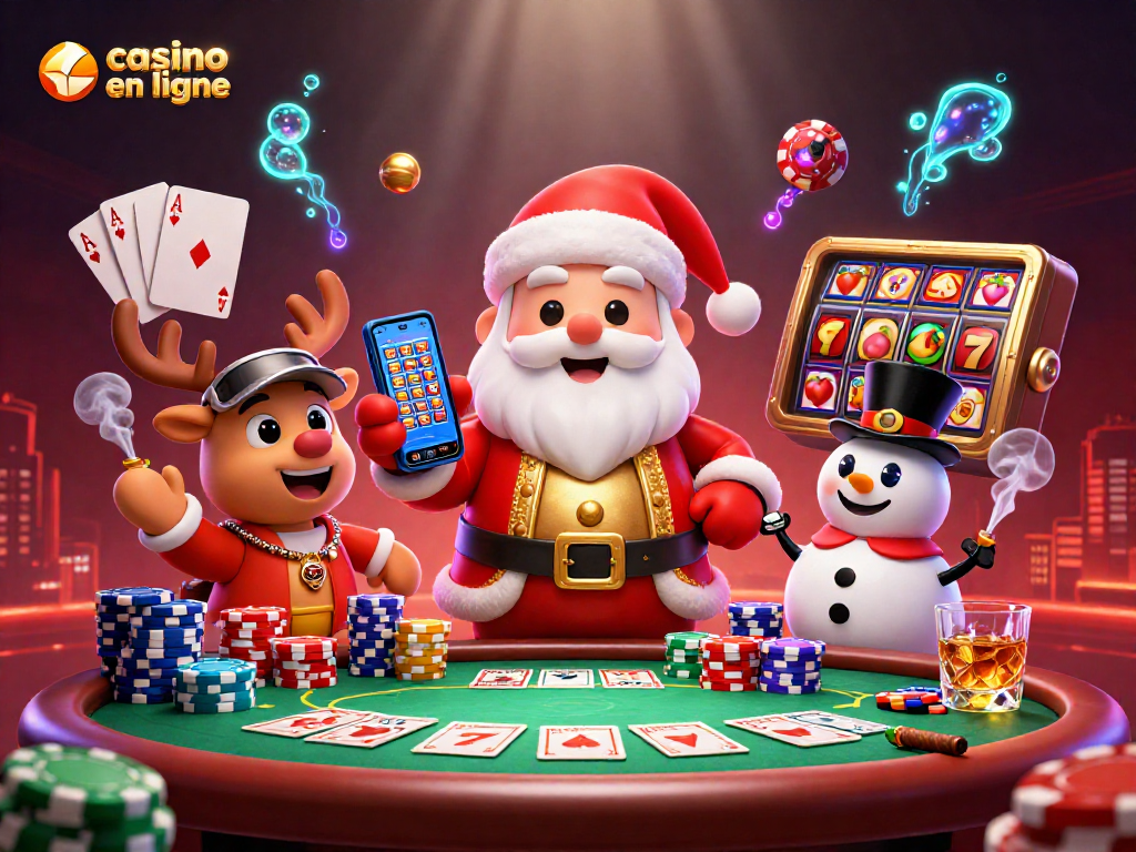 Illustrez l'univers captivant des jeux de casino en ligne avec des personnages de Noël et des éléments de chance.