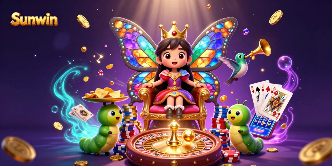 Experience exhilarating games with Sunwin in this vibrant 3D casino scene featuring a butterfly queen and dynamic elements.