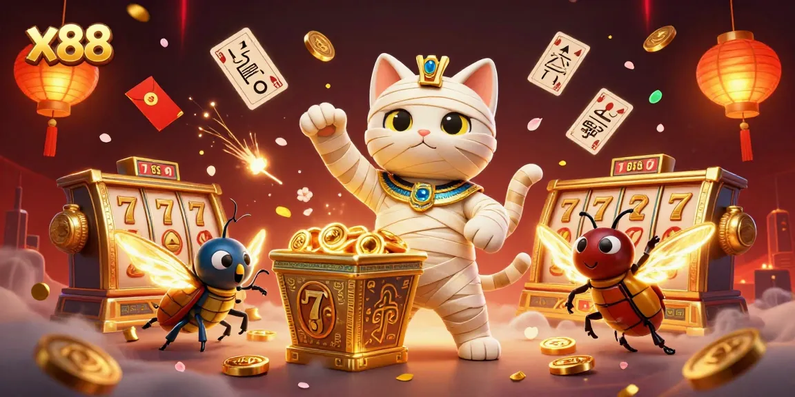 Experience excitement at x88 with the mummy cat and treasures in a vibrant casino scene.