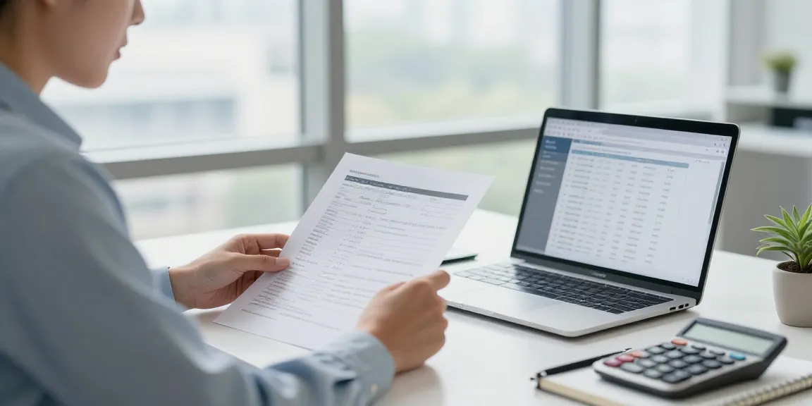 Accountant engaged in corporate tax return filing process at a modern office desk, focusing on financial documents.