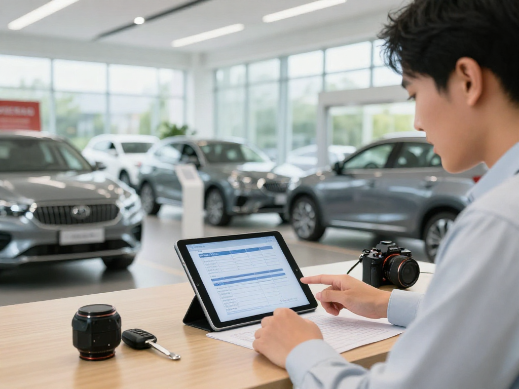 Customer reviewing a carfax alternative in a modern dealership office.