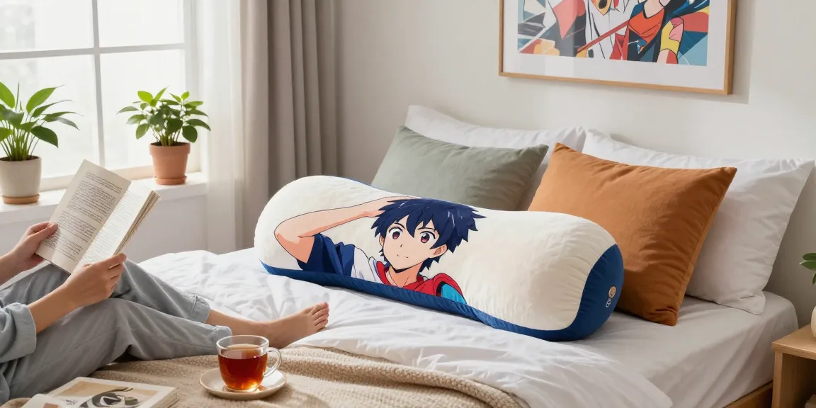 Custom body pillow depicting vibrant anime art enhances a cozy bedroom atmosphere.