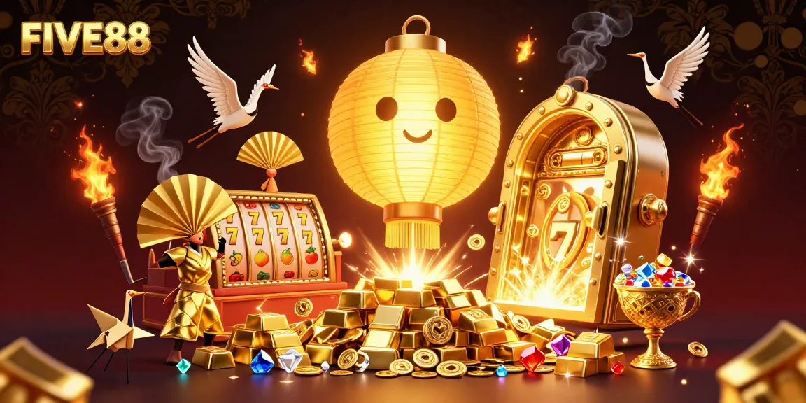 Experience FIVE88's thrilling slots with a vibrant casino scene featuring lucky symbols and treasure