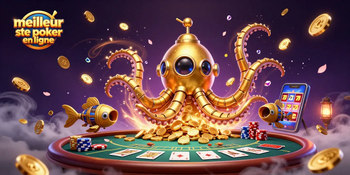 Visualisez le meilleur site de poker en ligne avec un kraken sous-marin autour de jetons et cartes de poker.