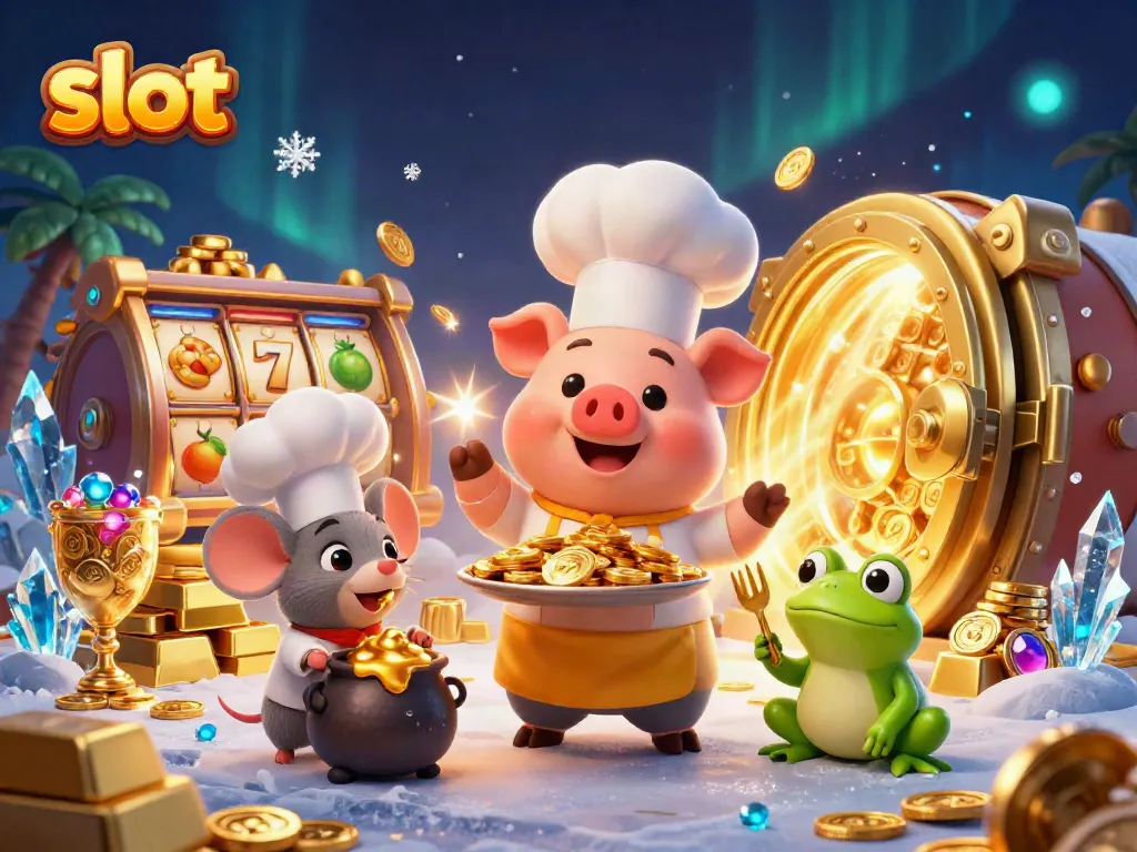 Menggandakan slot untuk menang, ilustrasi berwarna-warni dengan karakter kasino dan simbol emas yang meriah.