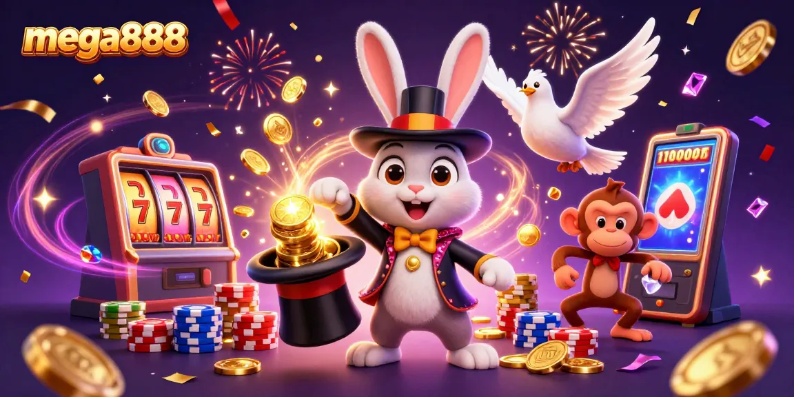 Engage with mega888's vibrant slot world featuring a magician rabbit, dove, and monkey amidst cascading coins.