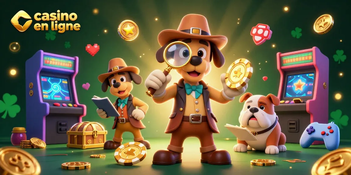 Concentrez-vous sur le casino en ligne avec un détective à la recherche d'indices colorés et d'éléments de jeu.