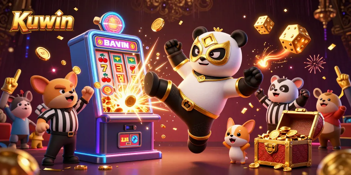 Engage with Kuwin's thrilling gaming features through a dynamic scene of a panda wrestler and casino elements.