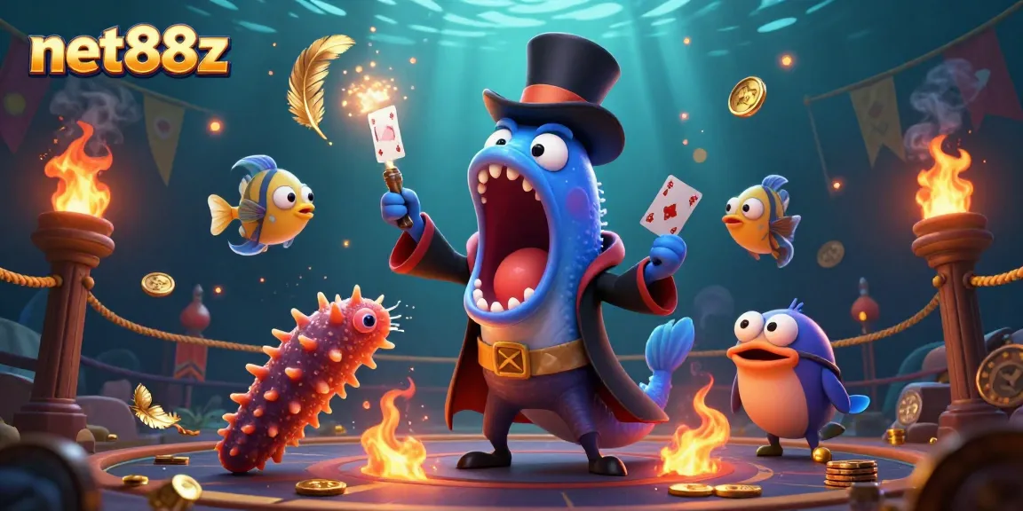 Experience thrilling magic tricks in the net88z underwater casino scene with vibrant characters and gold.