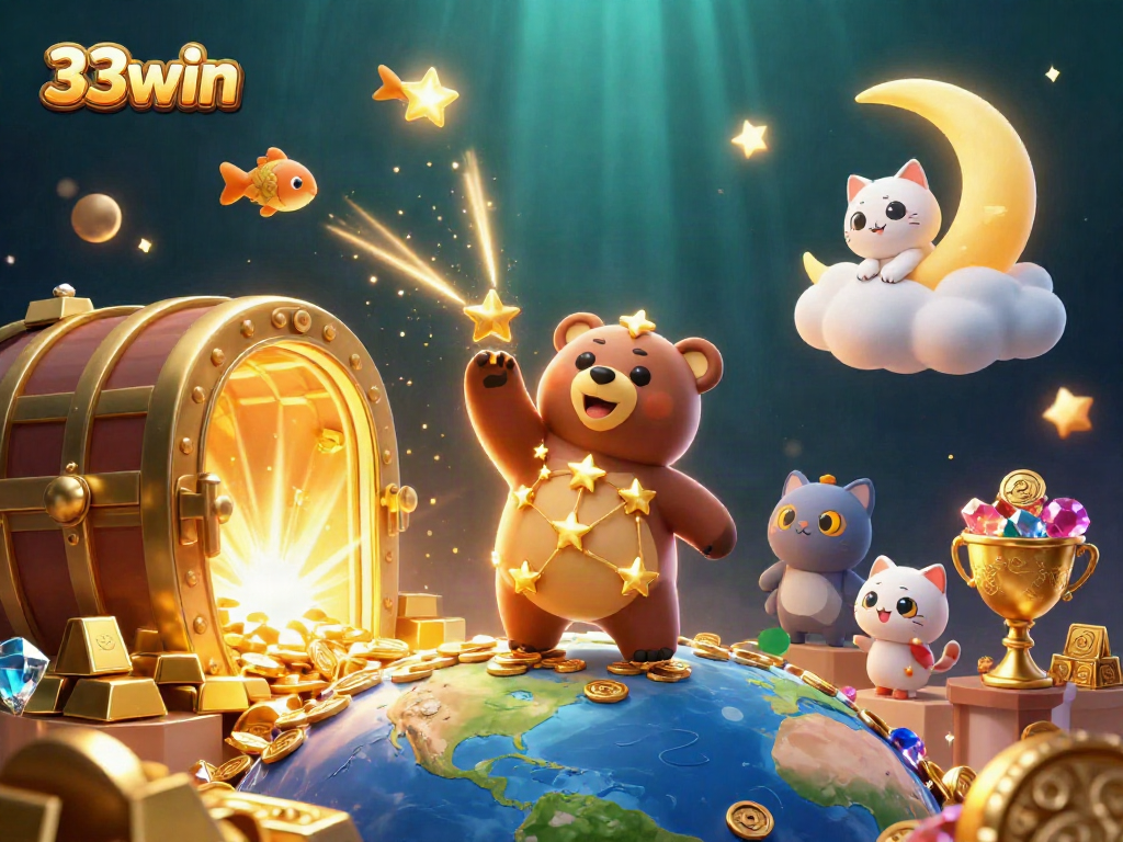 Join the fun at 33win with this vibrant casino-themed illustration depicting a treasure-filled adventure.
