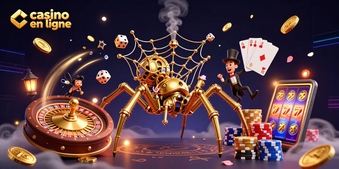 Illustration d'une araignée dorée steampunk créant un réseau de casino en ligne rempli de pièces et de joyaux.