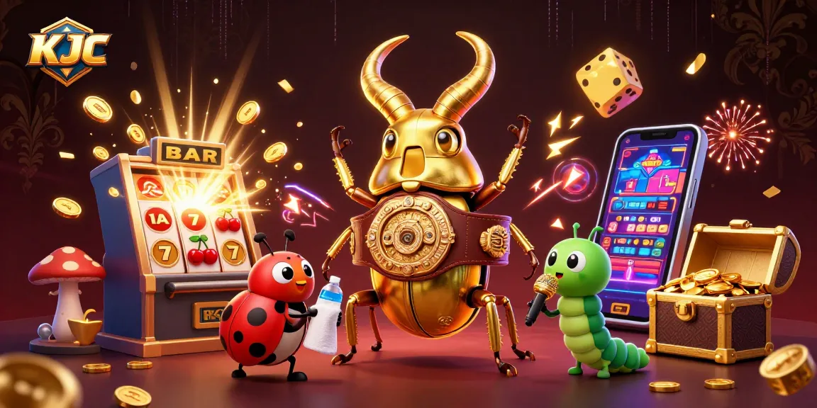 Experience thrilling gameplay with KJC's exciting 3D casino scene featuring a golden stag beetle and vibrant symbols.