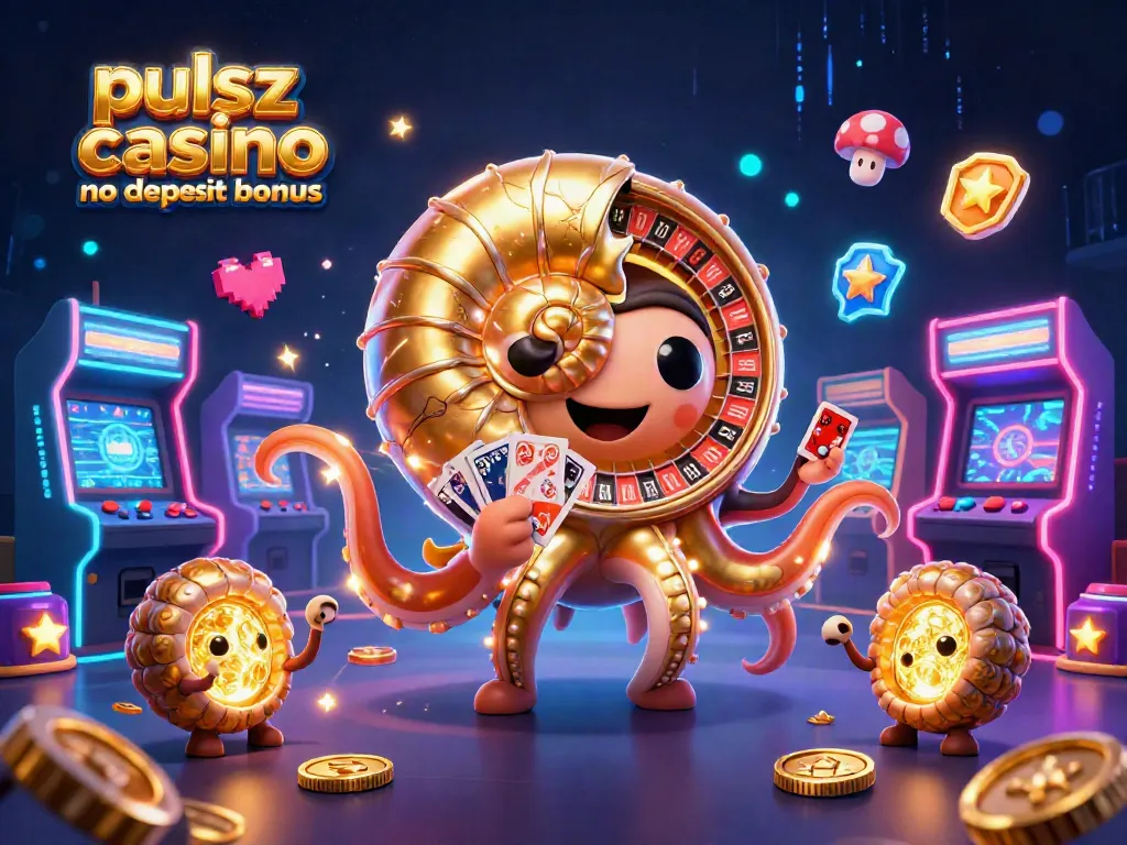 Pulsz casino no deposit bonus scene with vibrant nautilus character holding cards amongst arcade games.