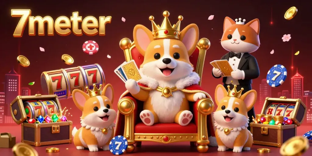 Experience thrilling moments at 7meter with a royal corgi and gaming treasures in this vibrant illustration.