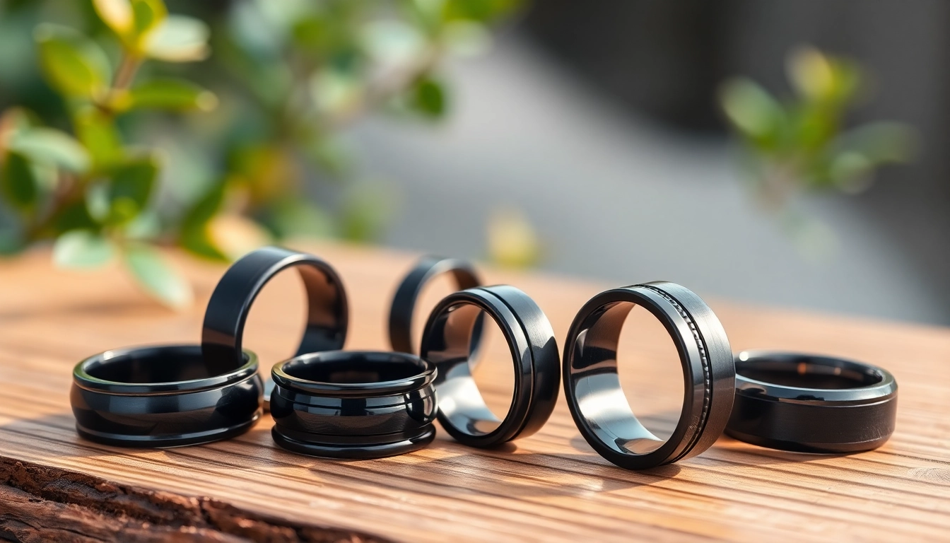 Showcasing Black Zirconium Rings on a wooden surface, highlighting their sleek design and polished finish.
