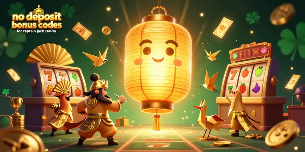 No deposit bonus codes for captain jack casino featured in a vibrant 3D casino scene with golden lantern spirit and lucky symbols.