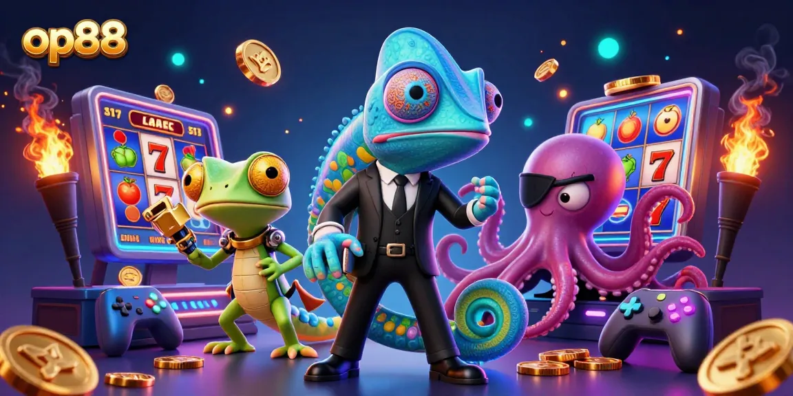 Experience the thrill of op88 with slot reels and dynamic game elements in this vibrant casino illustration.