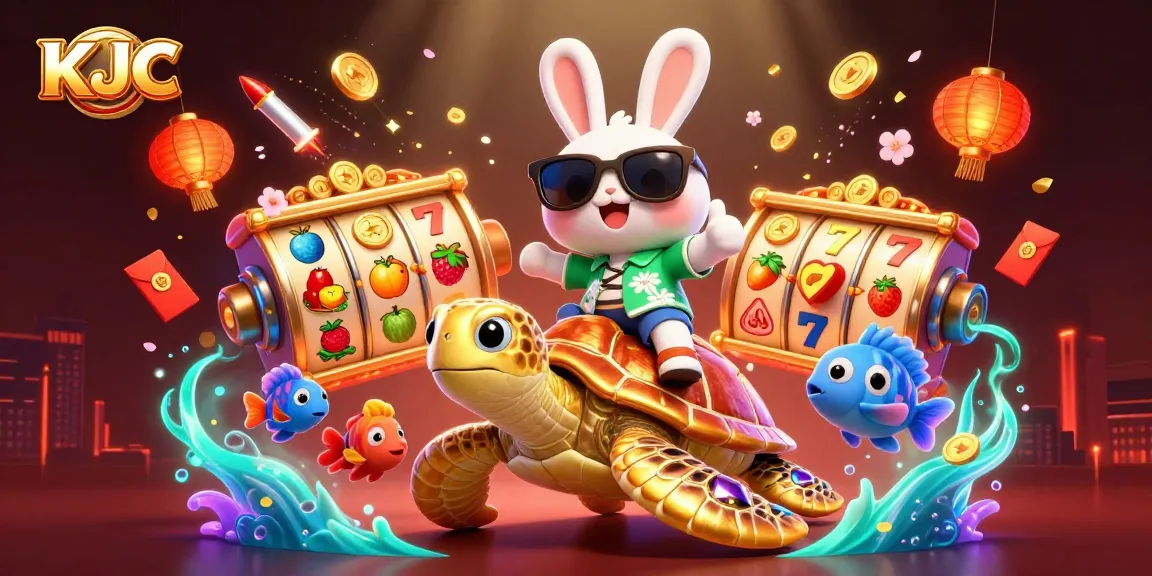 KJC lucky rabbit celebrates and spins slot reels, depicting a vibrant casino atmosphere.