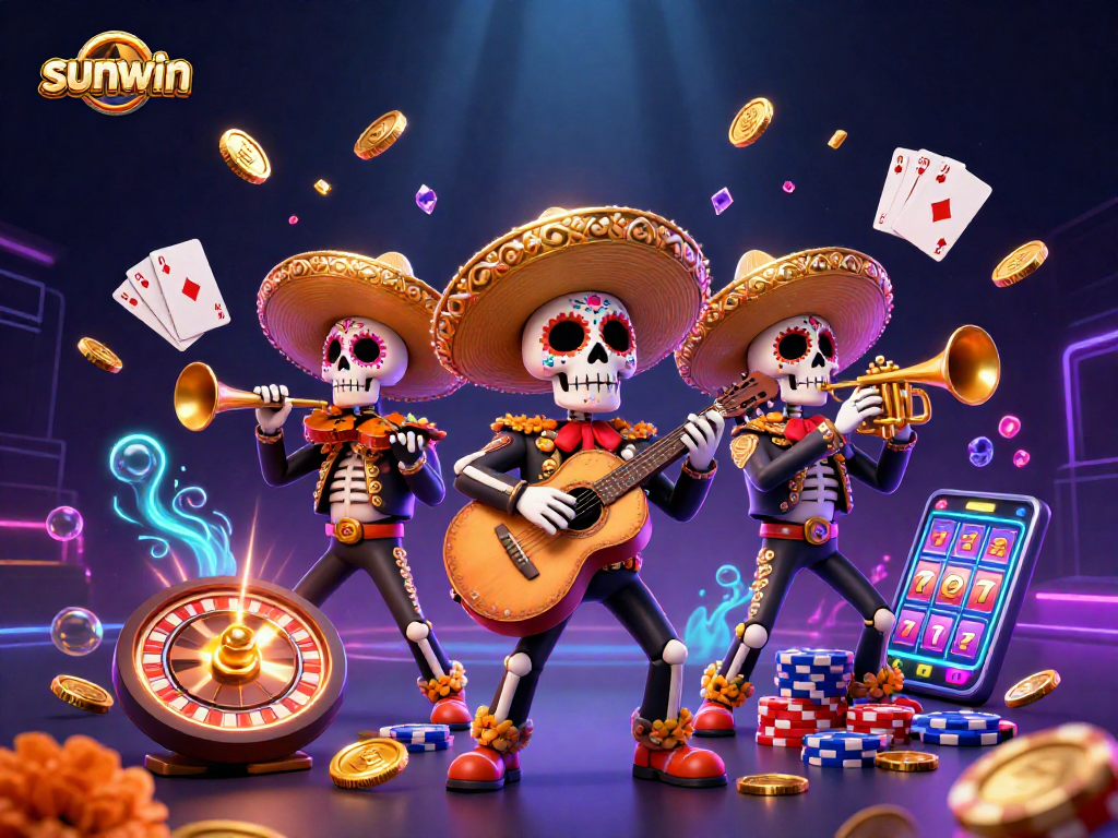 Experience the excitement of sunwin with vibrant mariachi skeletons amidst cascading gold and spinning reels.