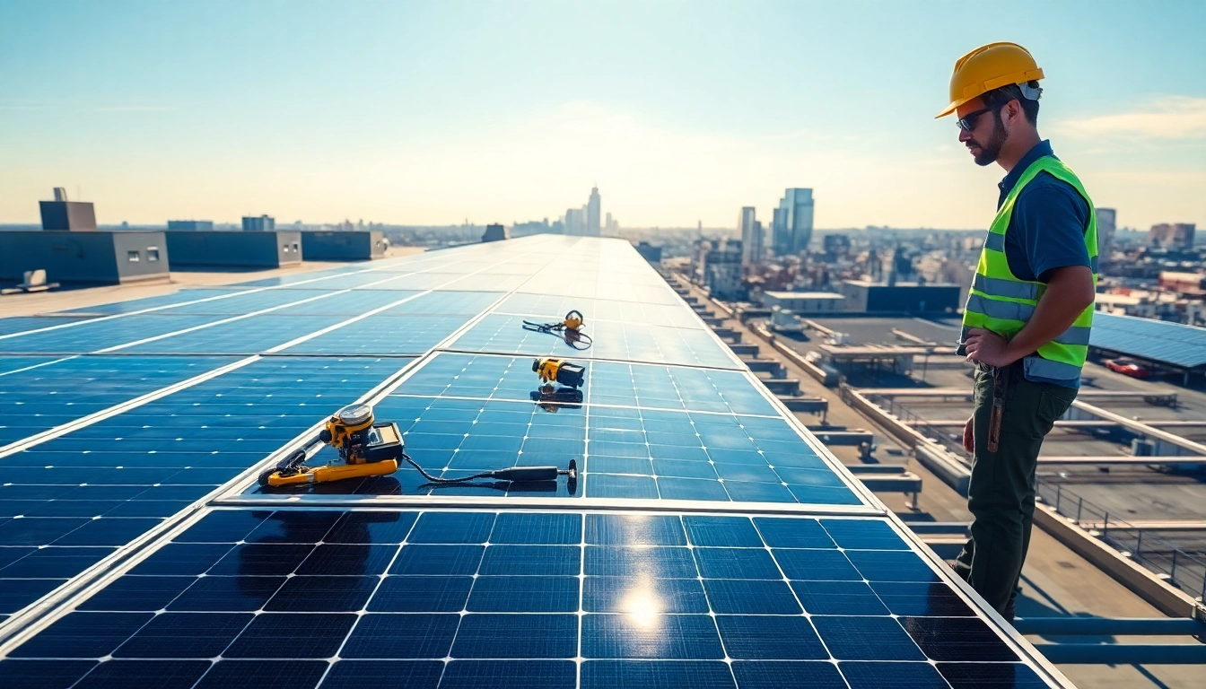 Inspecting commercial solar maintenance New Jersey on a sunny rooftop with green energy elements.