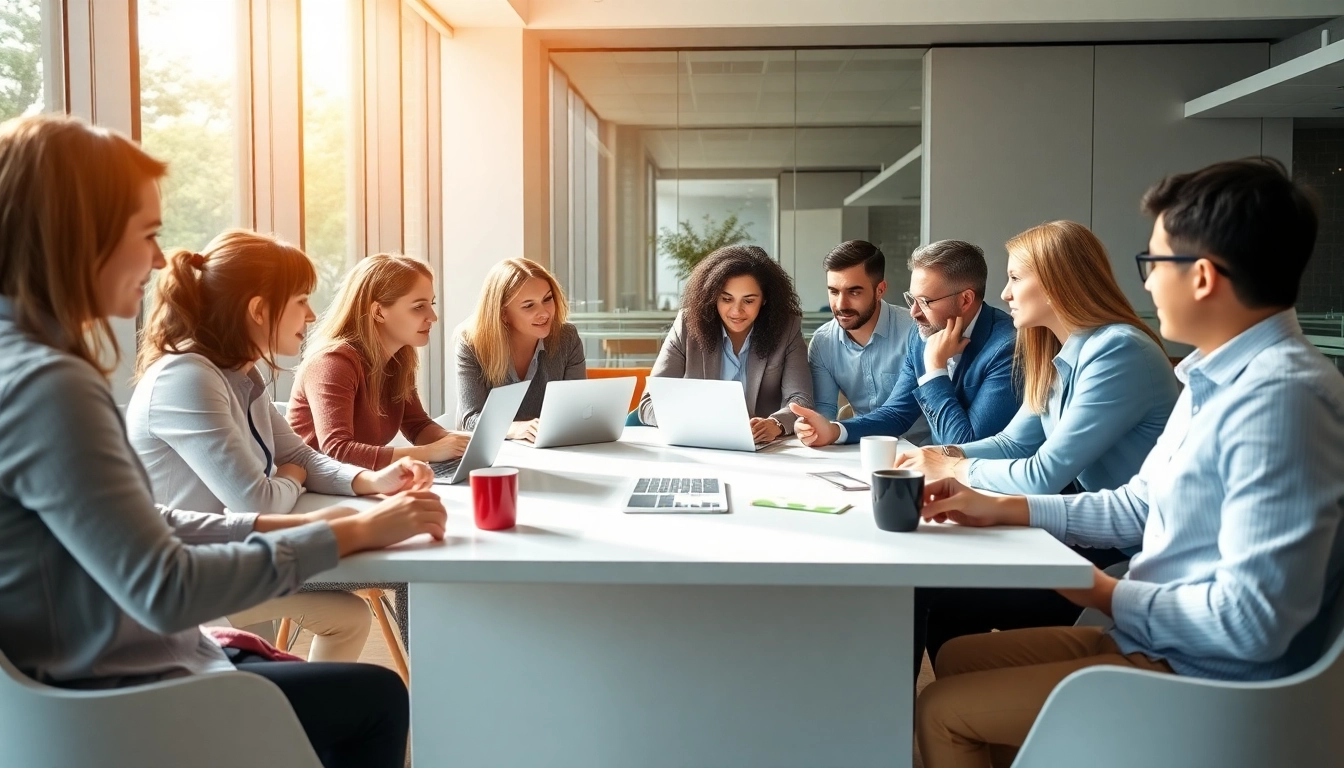 Collaborative team at a PR agency Melbourne brainstorming strategies in a modern office.
