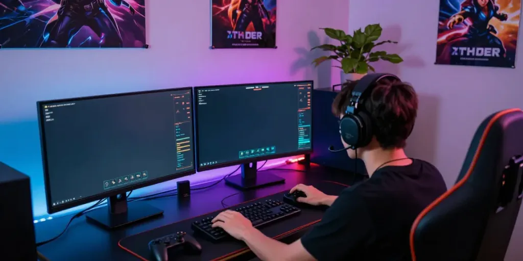 Situs Singatoto online gaming scene with a focused player immersed in vibrant game graphics