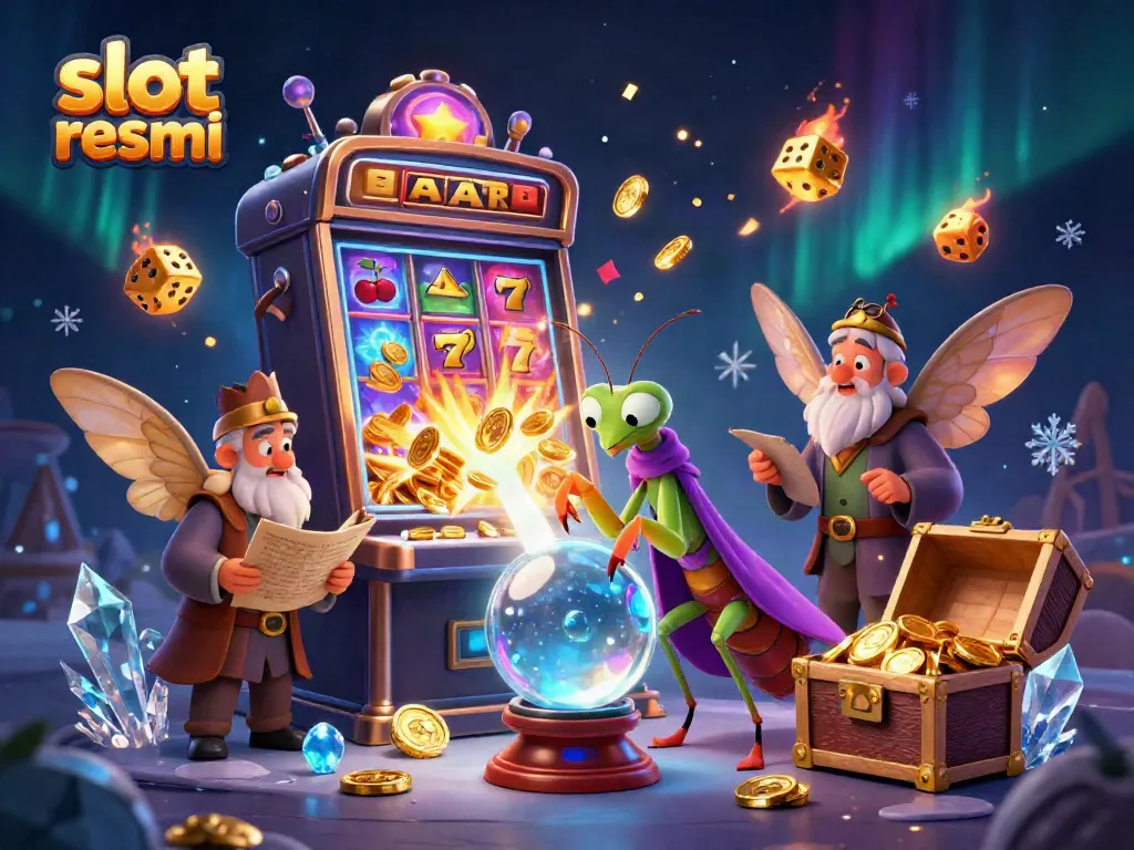 Experience slot resmi fun through a cartoon mantis fortune teller and a moth librarian surrounded by vibrant casino elements.