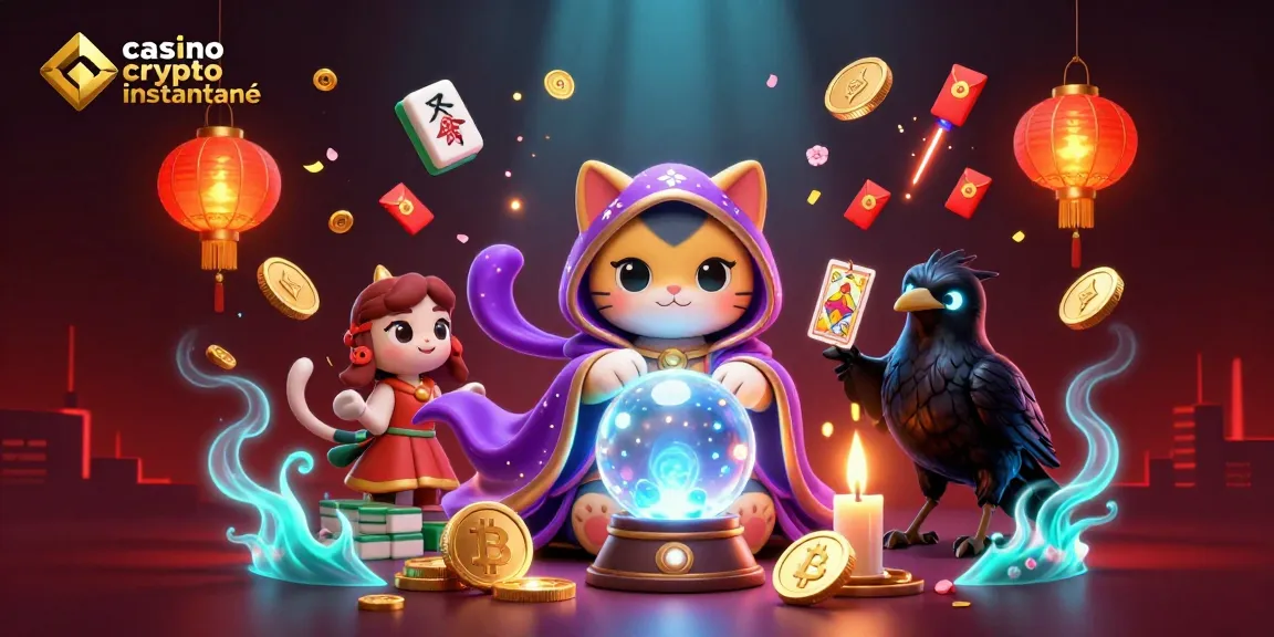Illustration captivante sur le casino crypto retrait instantané avec des éléments de jeu et des personnages mystiques.