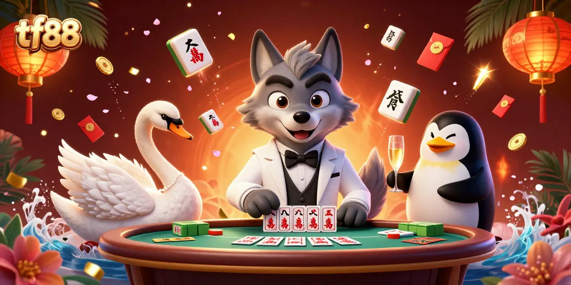 Engage with tf88's vibrant casino scene featuring a debonair wolf, card-dealing swan, and sommelier penguin.